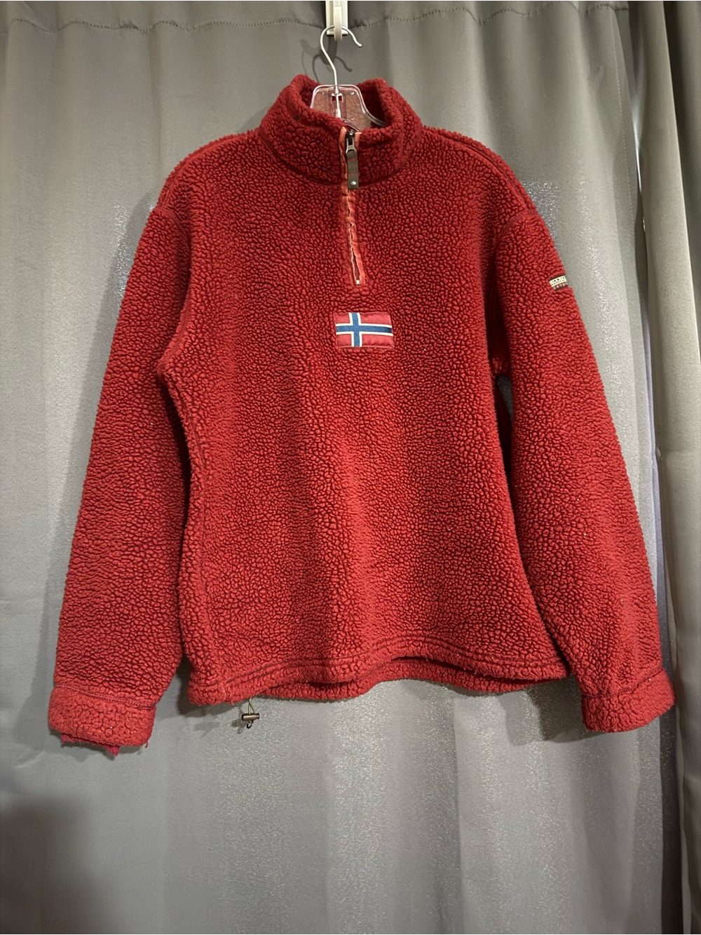 Napapijai brand Red Fleece Quarter-Zip Pullover with Flag Patch